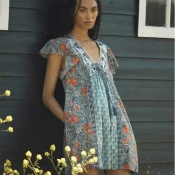 Anthropologie Astrid Tunic Floral Printed Lace Flutter Sleeve Dress - Picture 1 of 2
